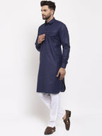 Jompers Men Navy-Blue Solid Kurta with White Pyjamas | Grocsy