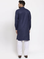 Jompers Men Navy-Blue Solid Kurta with White Pyjamas | Grocsy