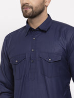 Jompers Men Navy-Blue Solid Kurta with White Pyjamas | Grocsy