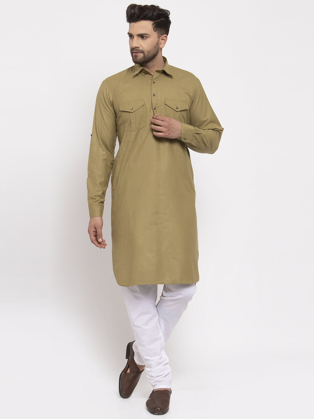Jompers Men Olive Green Solid Kurta with White Pyjamas | Grocsy