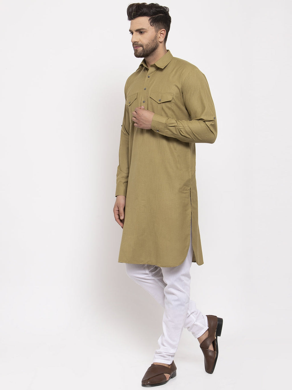 Jompers Men Olive Green Solid Kurta with White Pyjamas | Grocsy