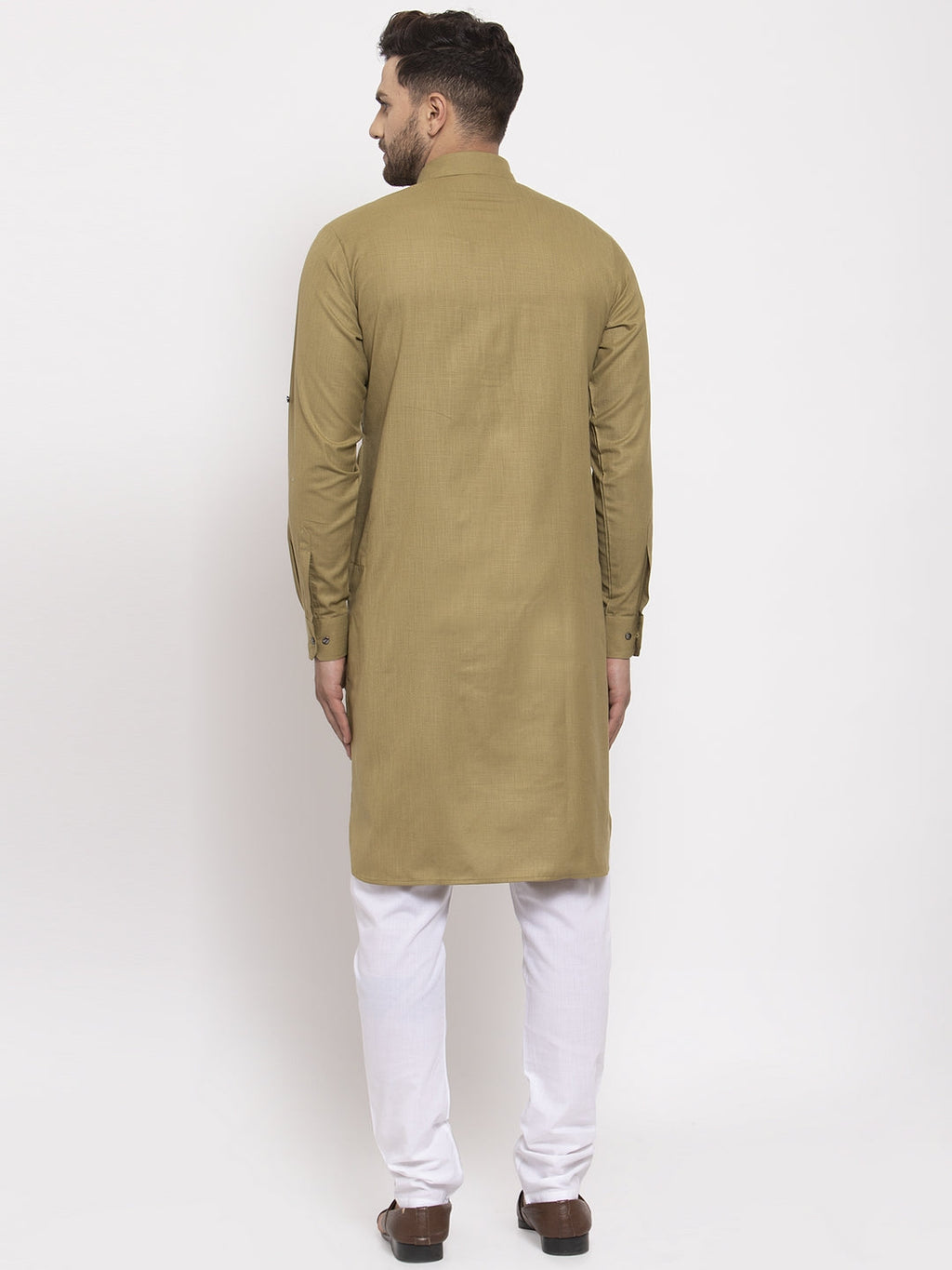 Jompers Men Olive Green Solid Kurta with White Pyjamas | Grocsy
