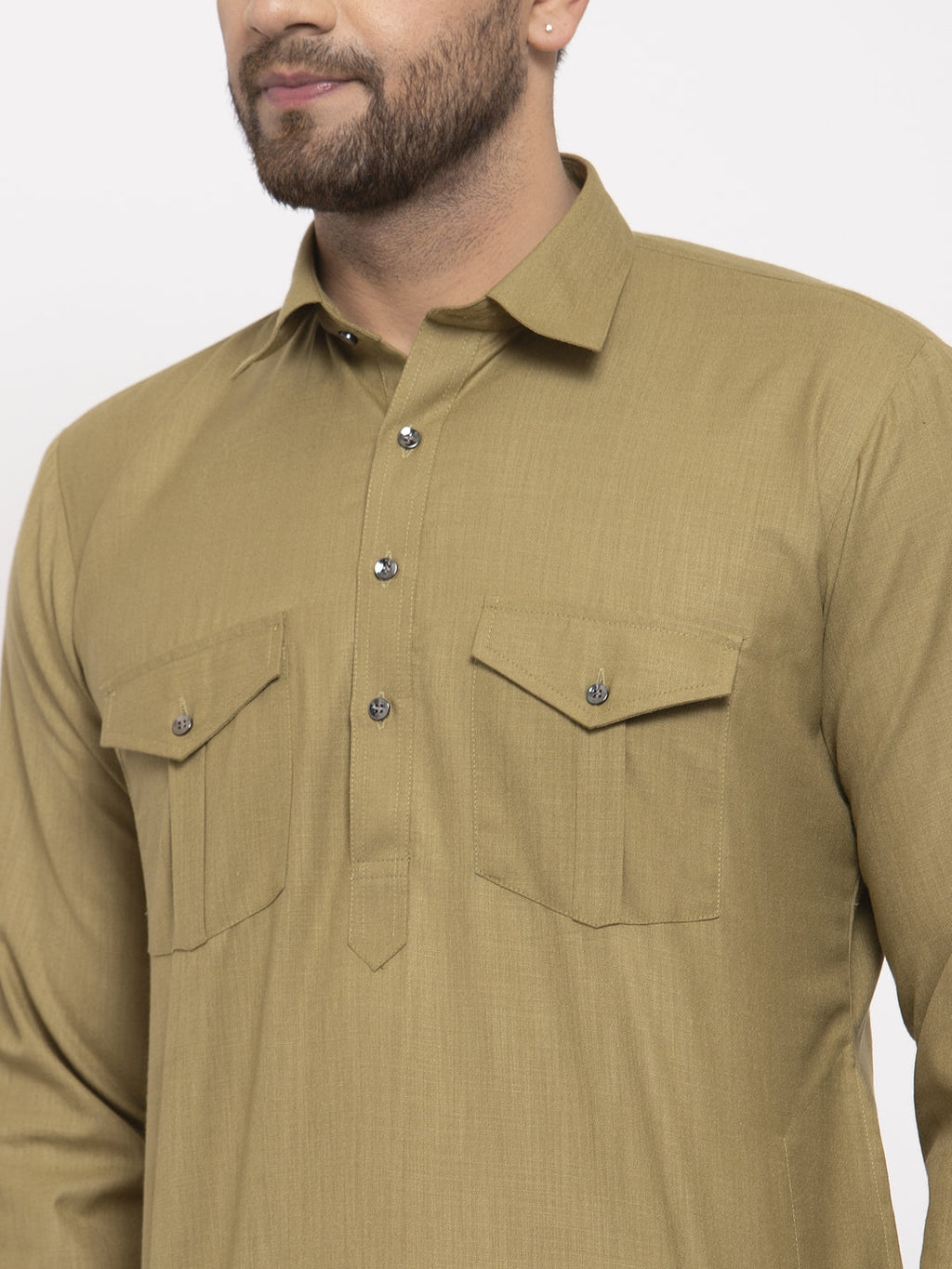 Jompers Men Olive Green Solid Kurta with White Pyjamas | Grocsy