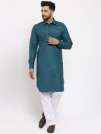 Jompers Men Teal Solid Kurta with White Pyjamas | Grocsy