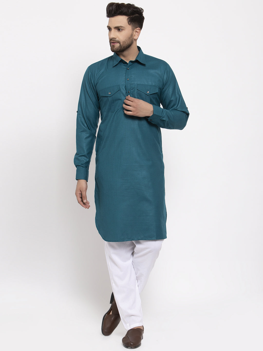 Jompers Men Teal Solid Kurta with White Pyjamas | Grocsy