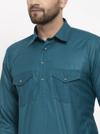 Jompers Men Teal Solid Kurta with White Pyjamas | Grocsy