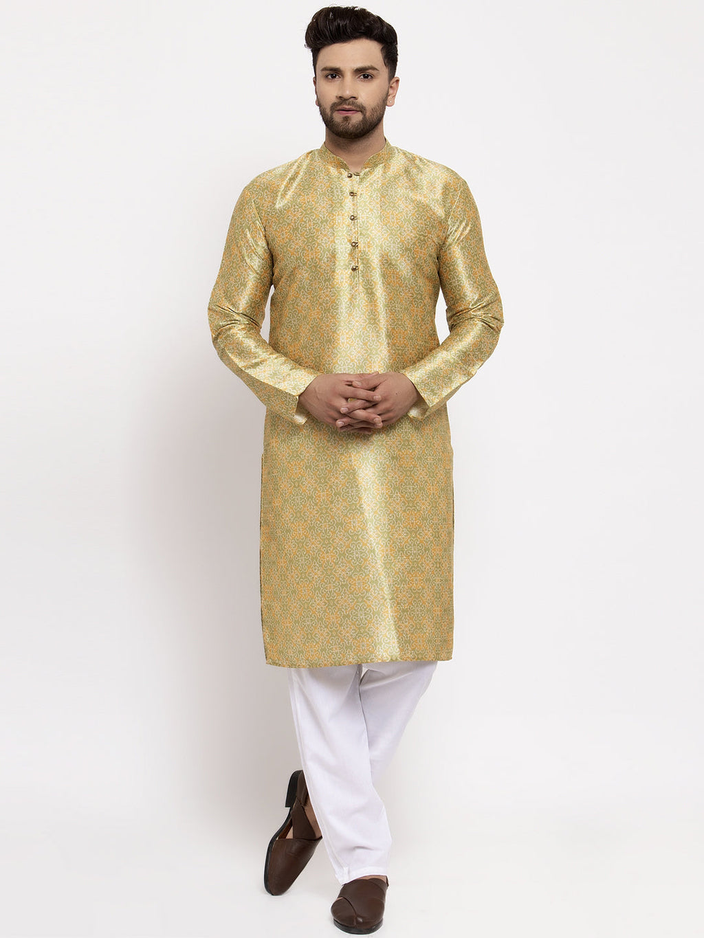 Jompers Men Green & Gold-Toned Woven Design Kurta with Pyjamas | Grocsy