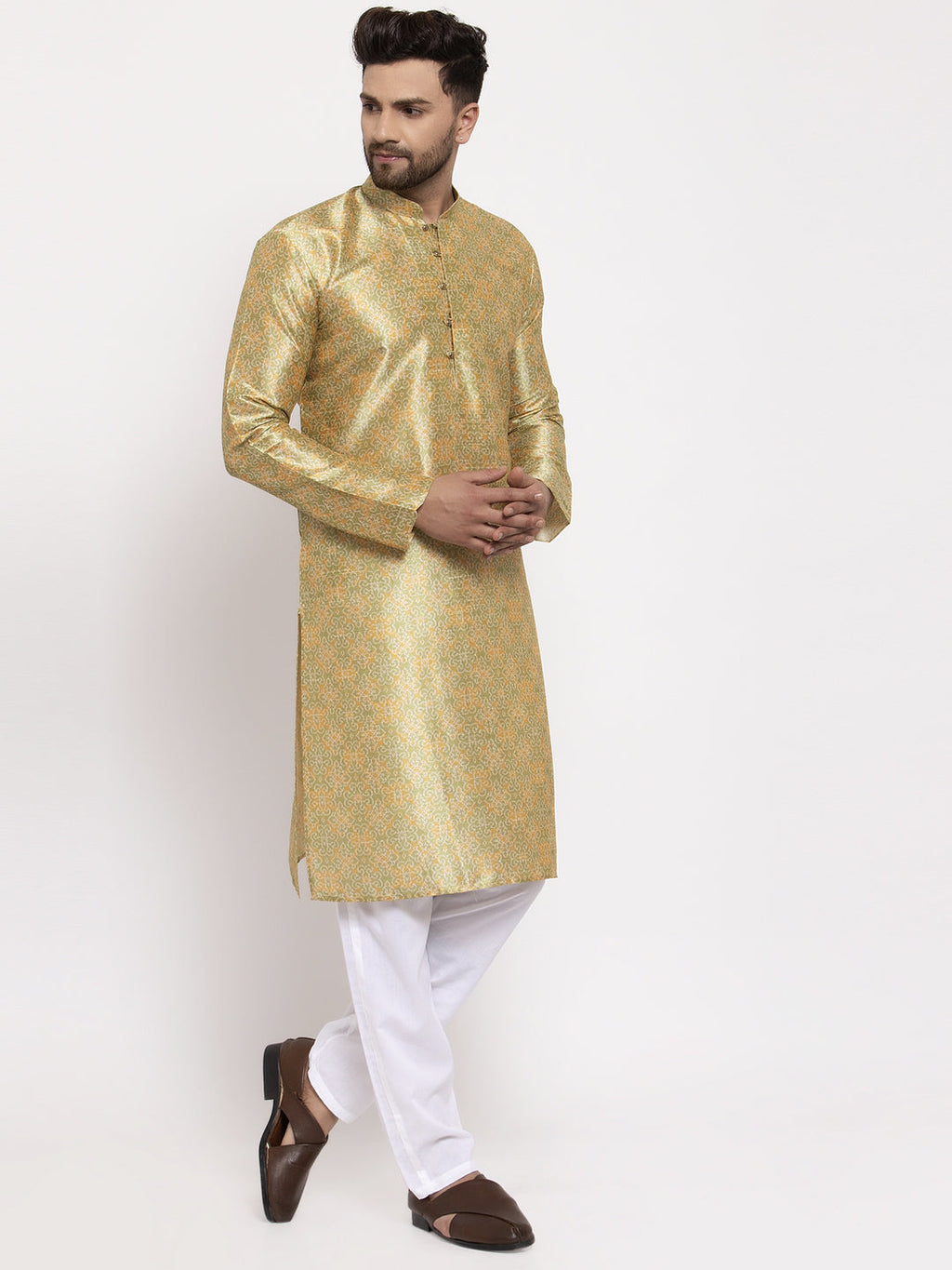 Jompers Men Green & Gold-Toned Woven Design Kurta with Pyjamas | Grocsy
