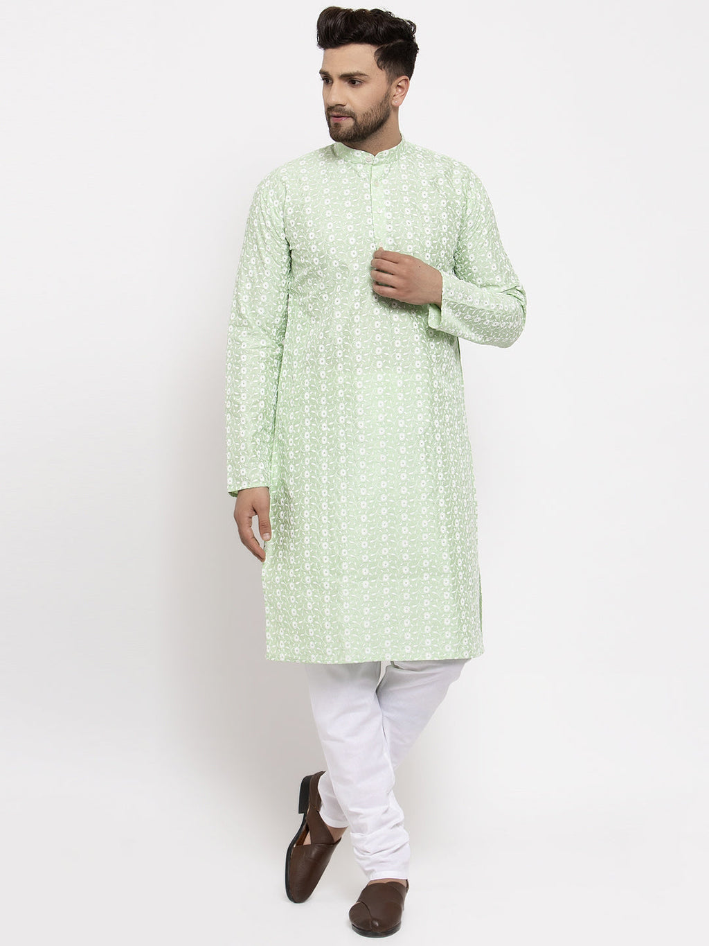 Jompers Men Mint Green Embroidered Kurta with Pyjamas | Grocsy