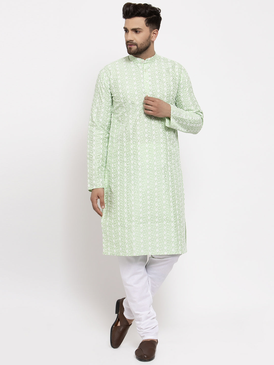 Jompers Men Mint Green Embroidered Kurta with Pyjamas | Grocsy