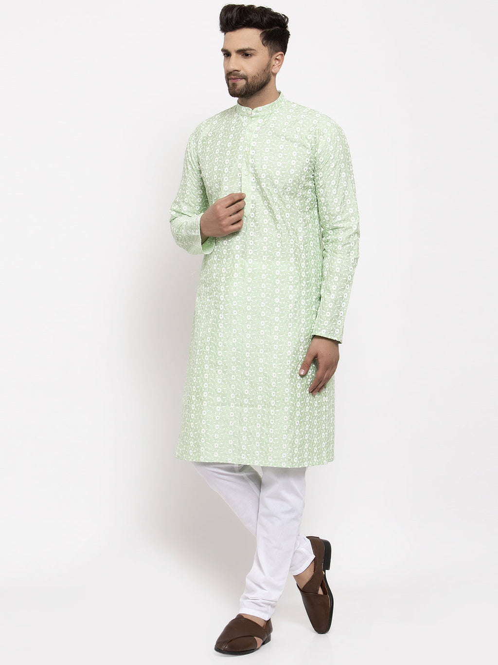 Jompers Men Mint Green Embroidered Kurta with Pyjamas | Grocsy