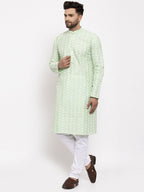 Jompers Men Mint Green Embroidered Kurta with Pyjamas | Grocsy