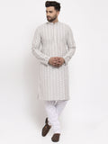 Jompers Men Light Grey Embroidered Kurta with Pyjamas | Grocsy