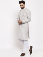 Jompers Men Light Grey Embroidered Kurta with Pyjamas | Grocsy
