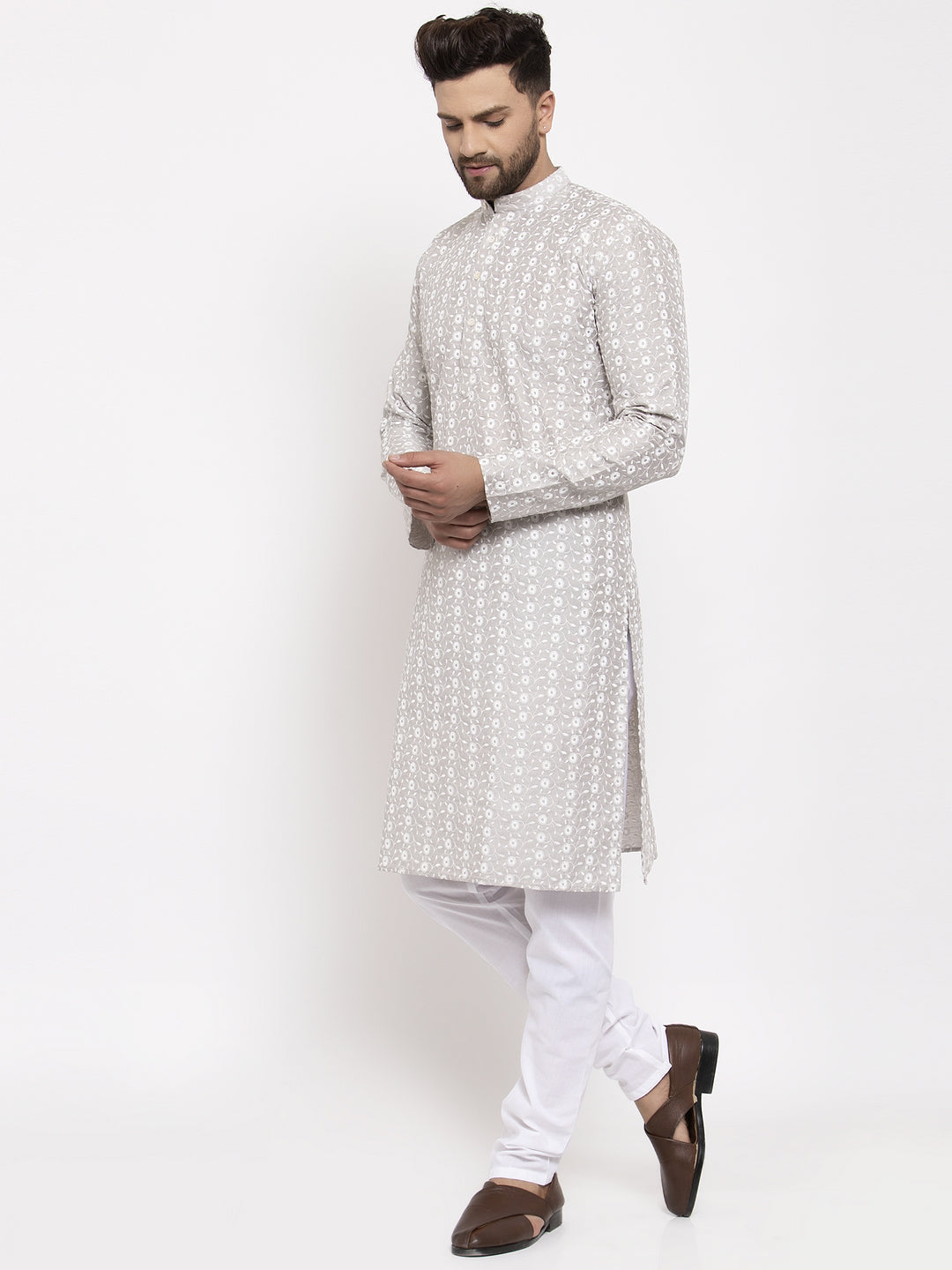 Jompers Men Light Grey Embroidered Kurta with Pyjamas | Grocsy