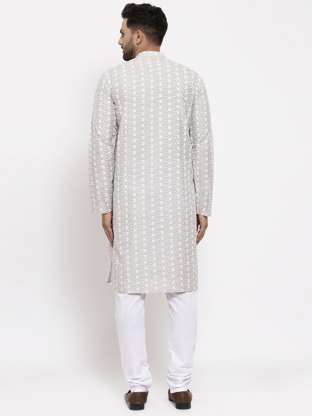 Jompers Men Light Grey Embroidered Kurta with Pyjamas | Grocsy