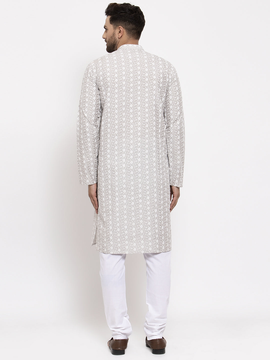 Jompers Men Light Grey Embroidered Kurta with Pyjamas | Grocsy
