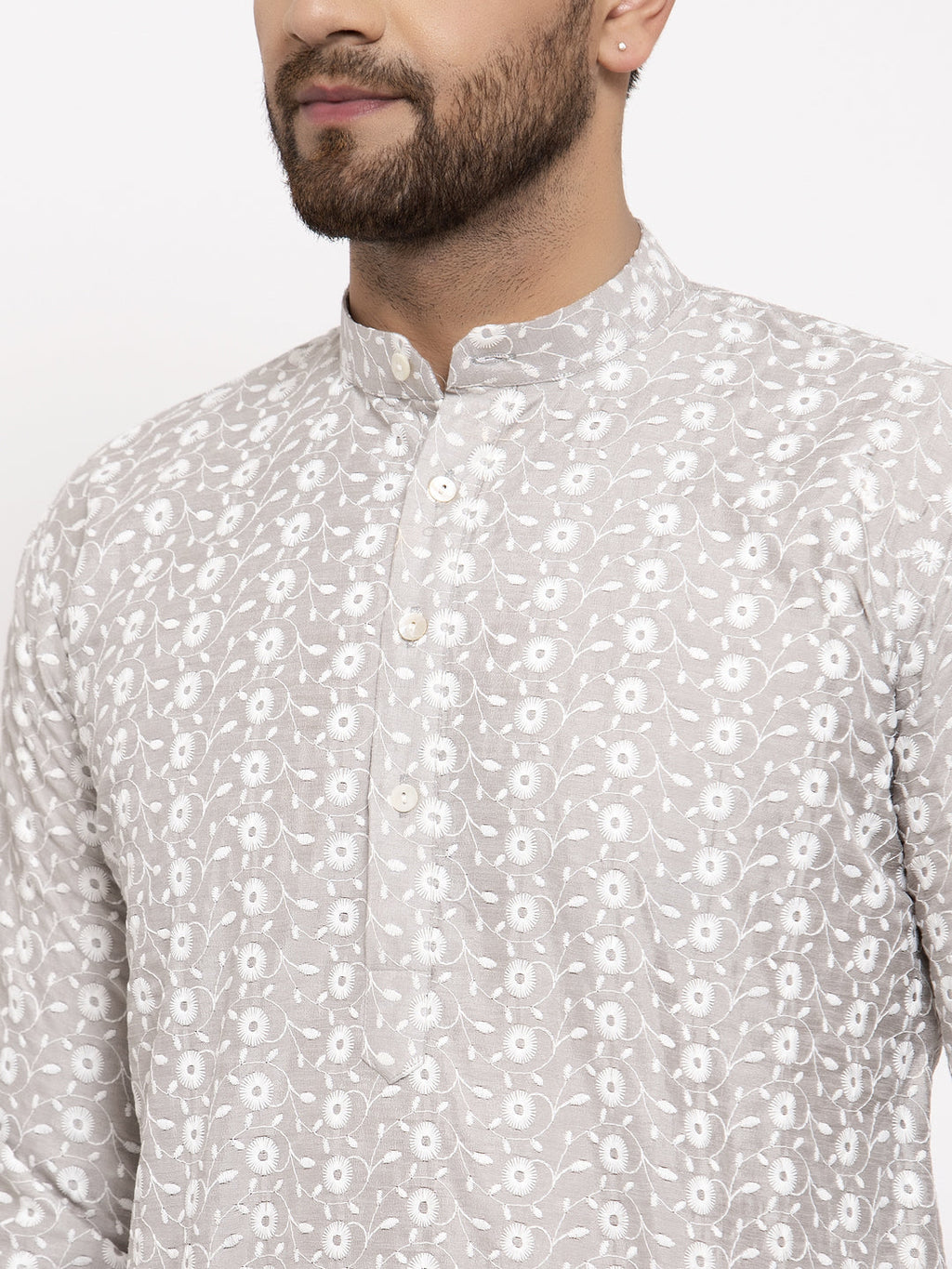 Jompers Men Light Grey Embroidered Kurta with Pyjamas | Grocsy