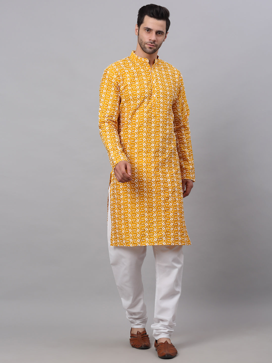 Jompers Men's Mustard Embroidered Kurta with Pyjamas | Grocsy