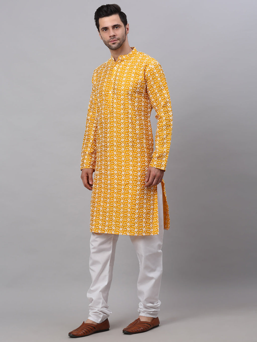 Jompers Men's Mustard Embroidered Kurta with Pyjamas | Grocsy