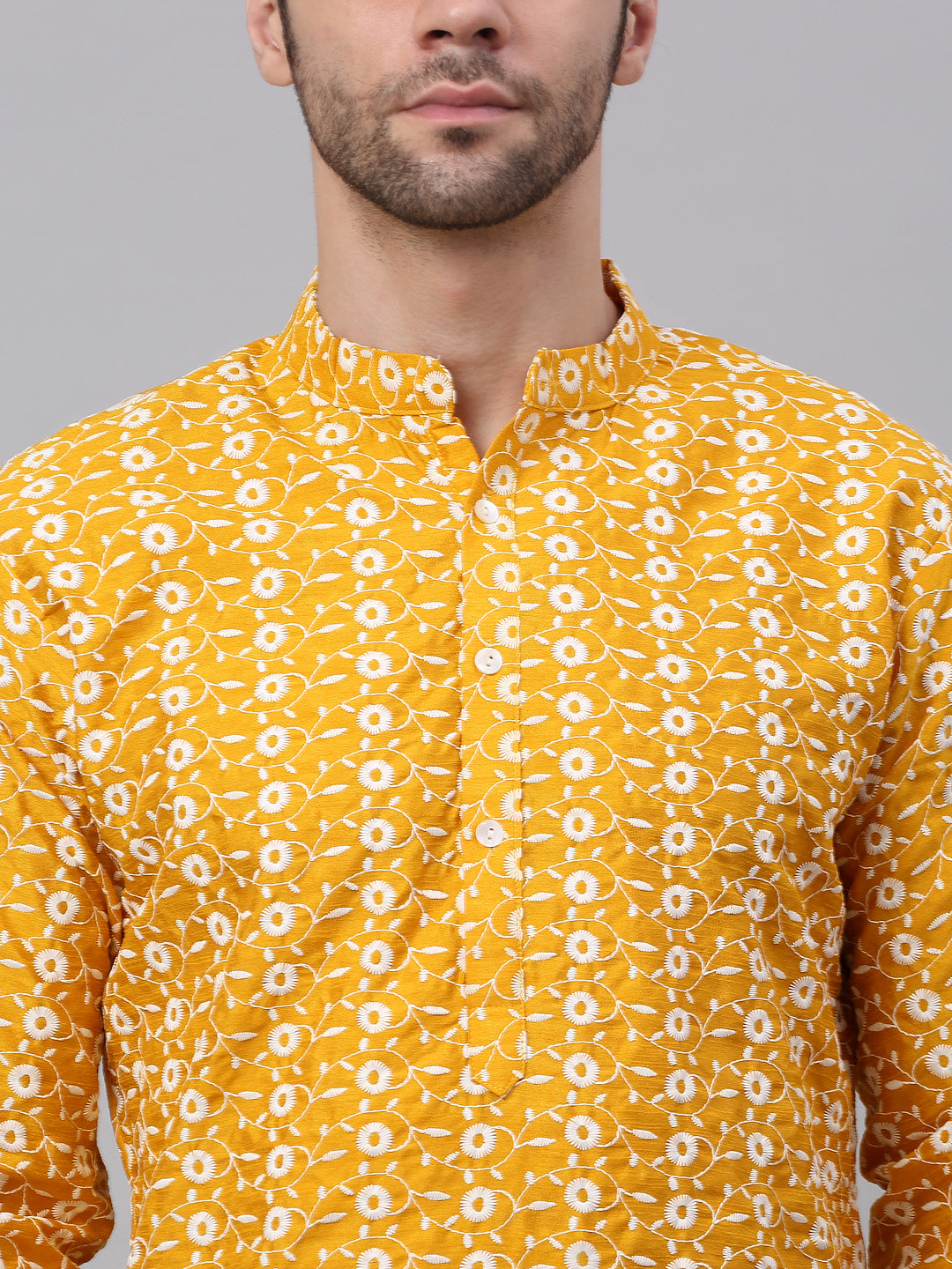 Jompers Men's Mustard Embroidered Kurta with Pyjamas | Grocsy