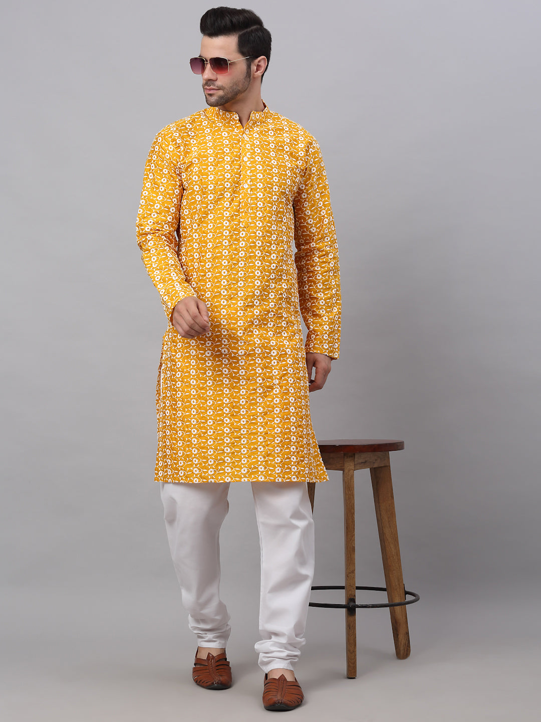 Jompers Men's Mustard Embroidered Kurta with Pyjamas | Grocsy