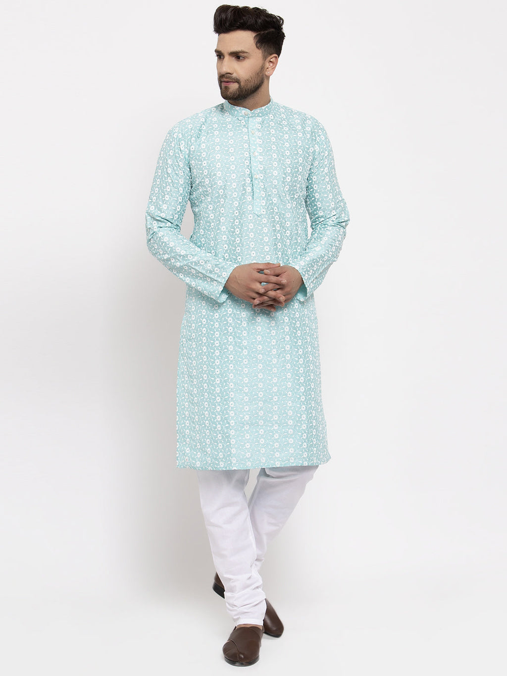 Jompers Men Turquoise Blue Embroidered Kurta with Pyjamas | Grocsy