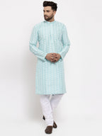 Jompers Men Turquoise Blue Embroidered Kurta with Pyjamas | Grocsy