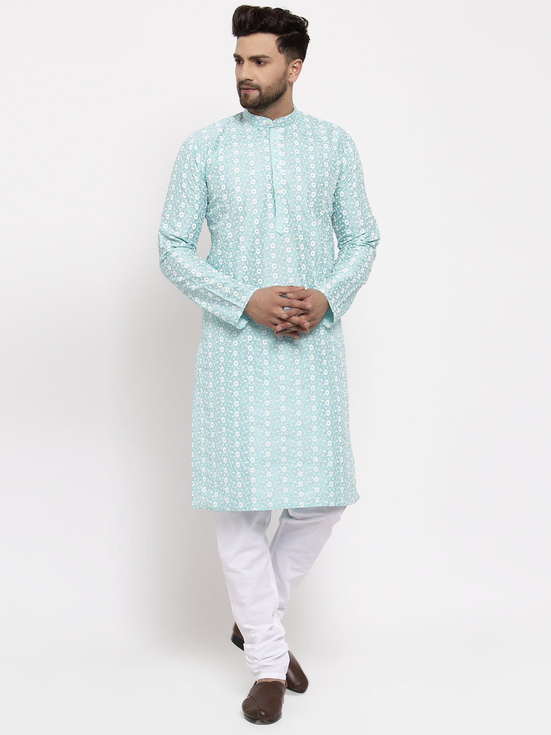 Jompers Men Turquoise Blue Embroidered Kurta with Pyjamas | Grocsy