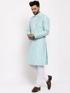Jompers Men Turquoise Blue Embroidered Kurta with Pyjamas | Grocsy