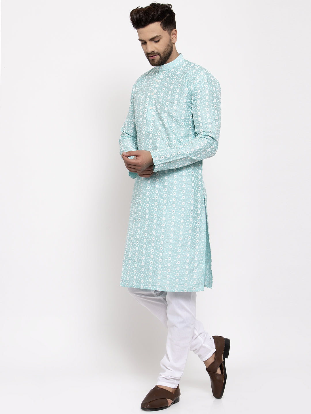 Jompers Men Turquoise Blue Embroidered Kurta with Pyjamas | Grocsy