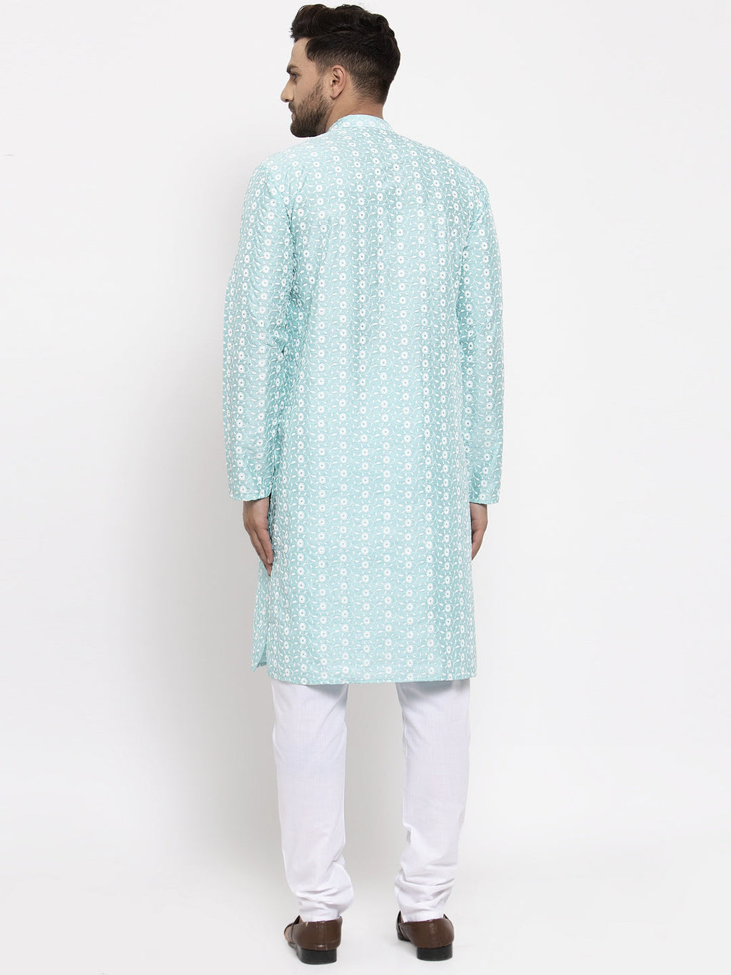 Jompers Men Turquoise Blue Embroidered Kurta with Pyjamas | Grocsy