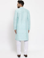Jompers Men Turquoise Blue Embroidered Kurta with Pyjamas | Grocsy