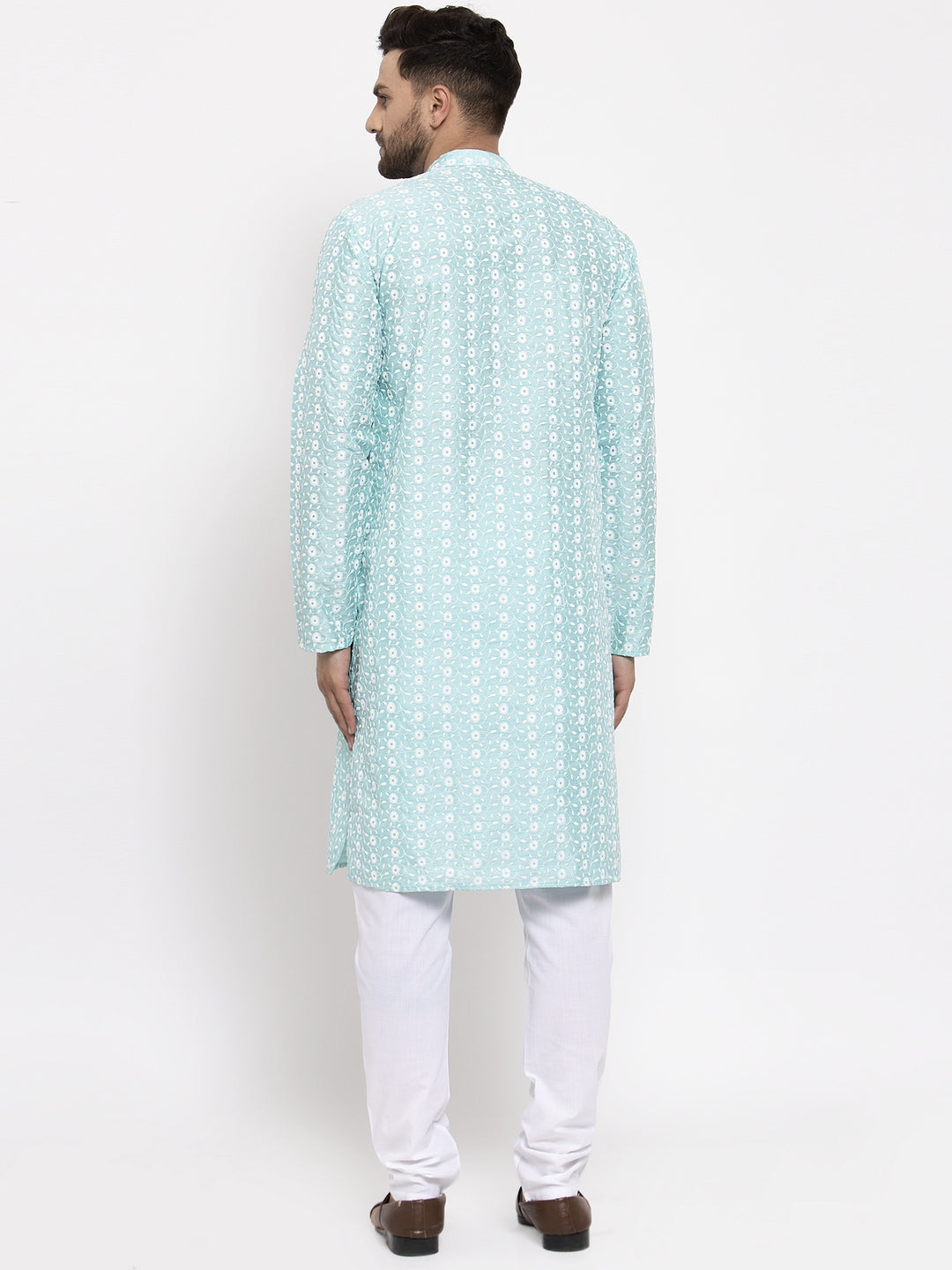 Jompers Men Turquoise Blue Embroidered Kurta with Pyjamas | Grocsy