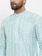 Jompers Men Turquoise Blue Embroidered Kurta with Pyjamas | Grocsy