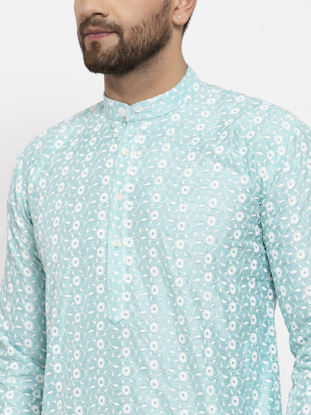 Jompers Men Turquoise Blue Embroidered Kurta with Pyjamas | Grocsy