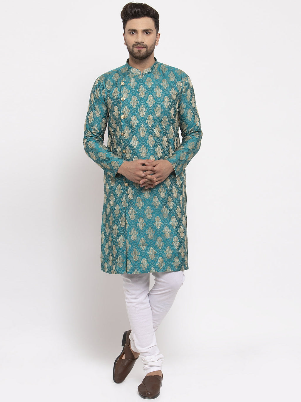 Jompers Men Green Jacquard Kurta with Churidar | Grocsy