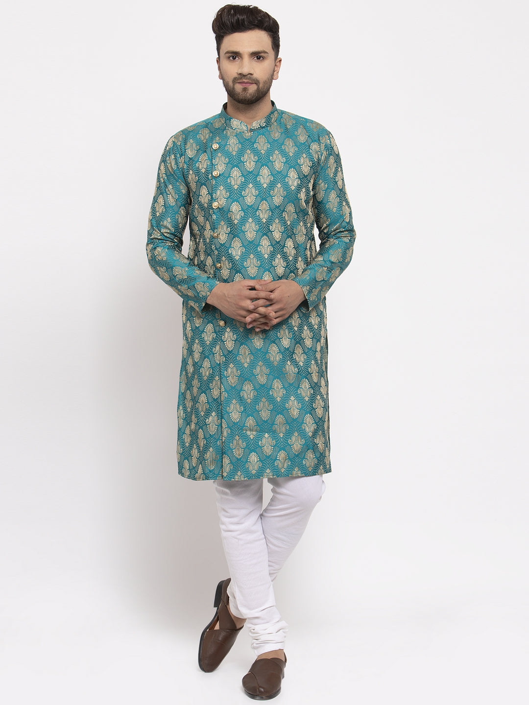 Jompers Men Green Jacquard Kurta with Churidar | Grocsy