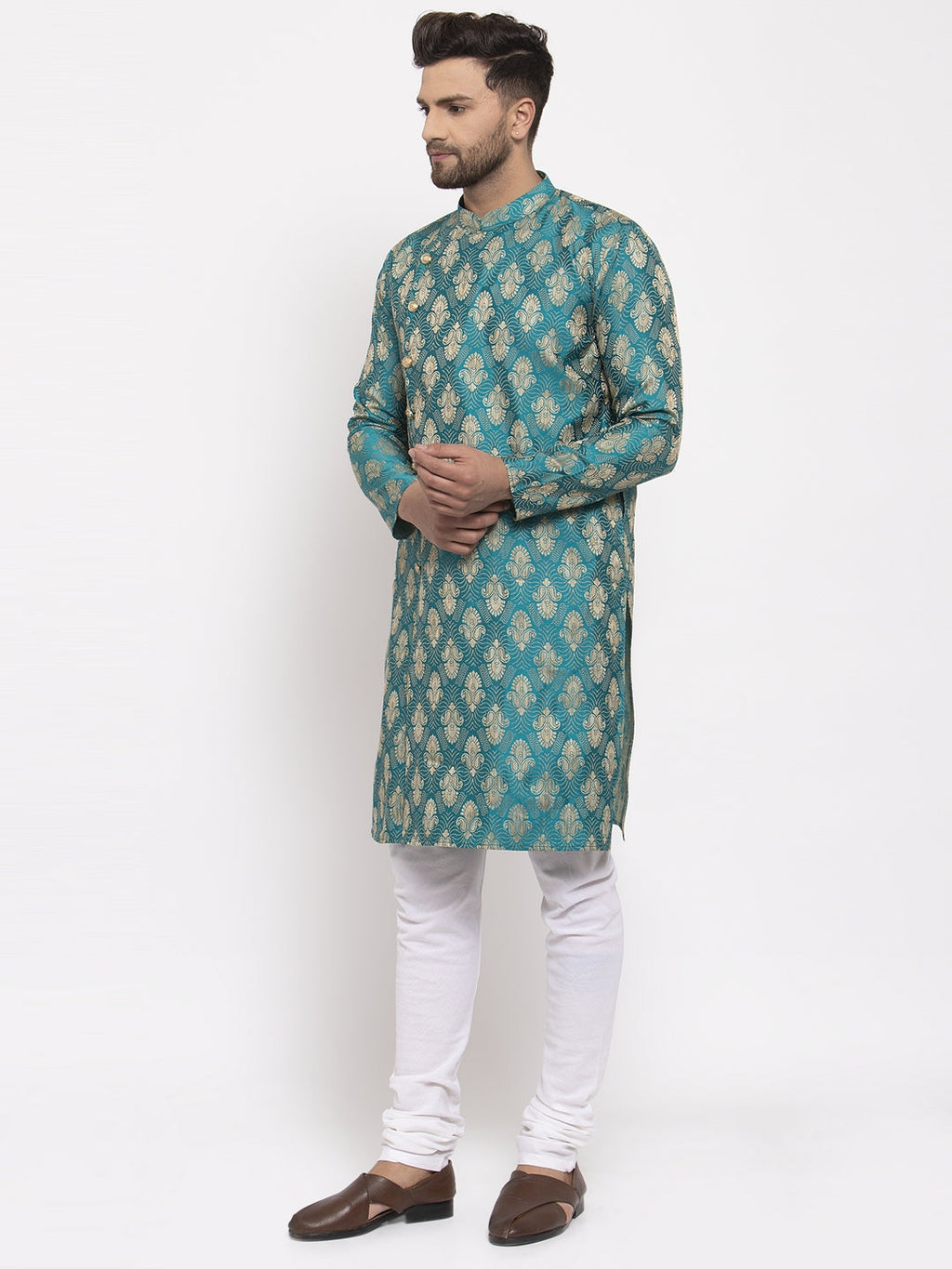Jompers Men Green Jacquard Kurta with Churidar | Grocsy