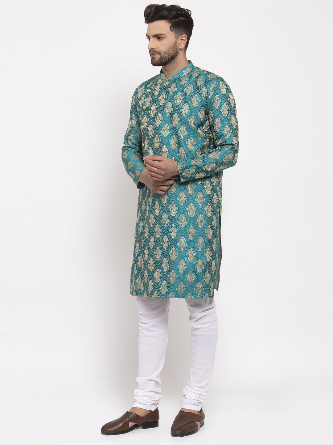 Jompers Men Green Jacquard Kurta with Churidar | Grocsy