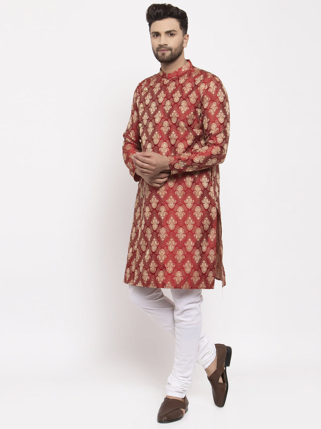 Jompers Men Maroon Jacquard Kurta with Churidar | Grocsy