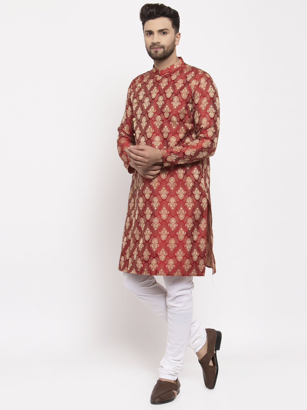 Jompers Men Maroon Jacquard Kurta with Churidar | Grocsy
