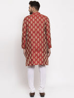 Jompers Men Maroon Jacquard Kurta with Churidar | Grocsy
