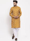Jompers Men Mustard Yellow & White Jacquard Kurta with Churidar | Grocsy
