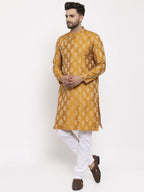 Jompers Men Mustard Yellow & White Jacquard Kurta with Churidar | Grocsy