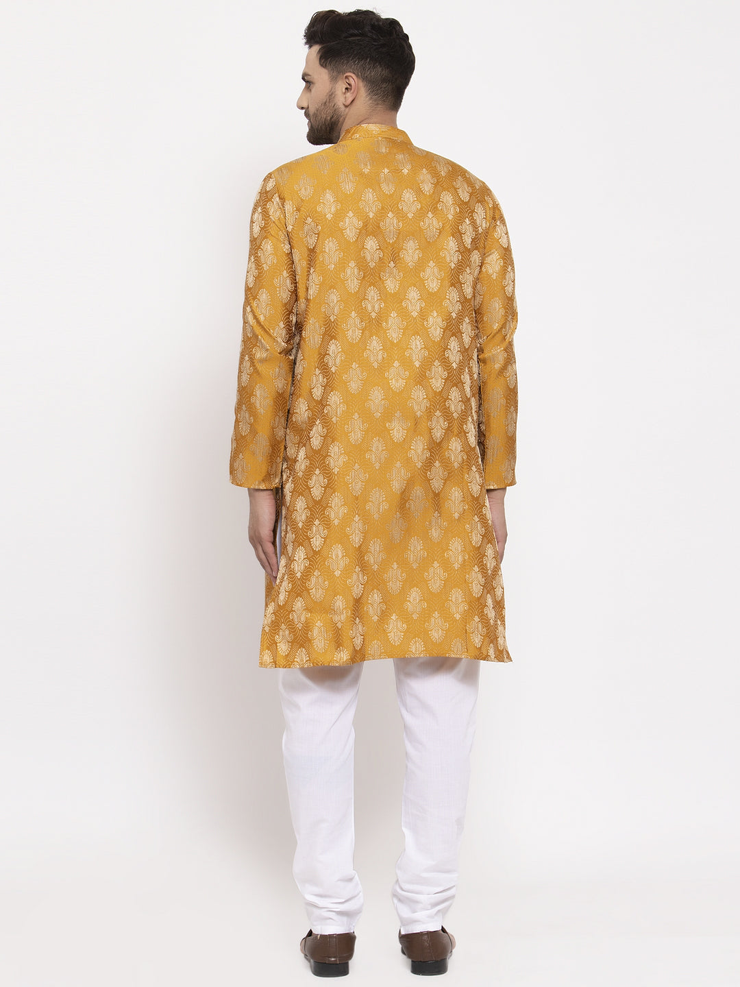 Jompers Men Mustard Yellow & White Jacquard Kurta with Churidar | Grocsy