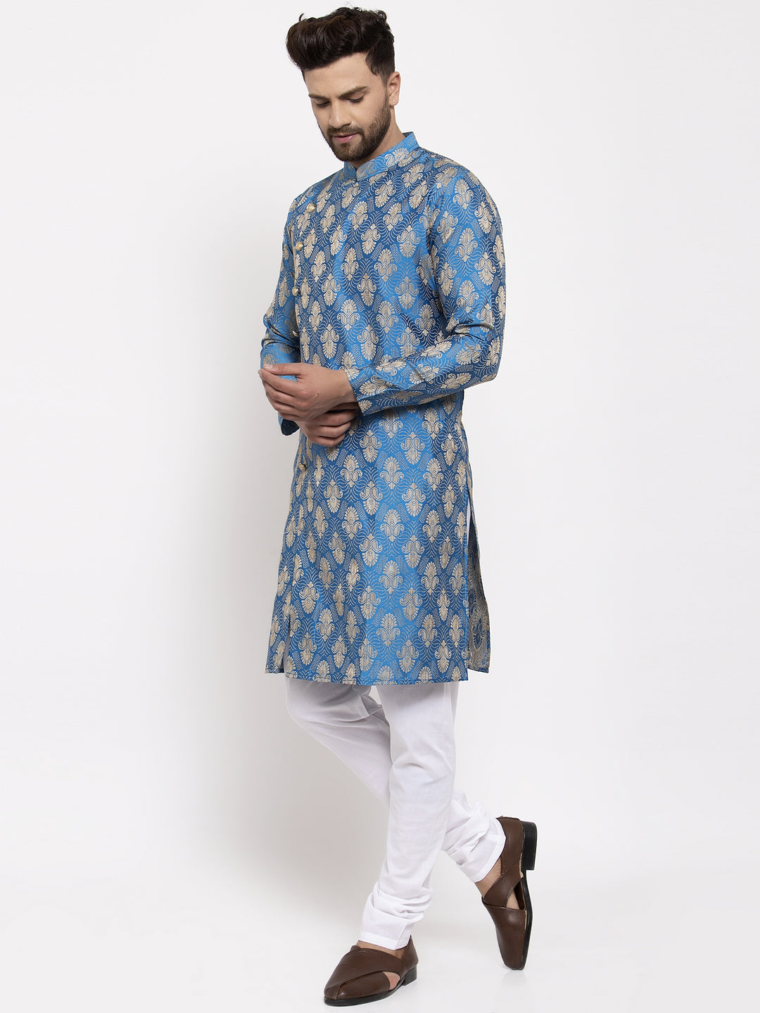Jompers Men Blue Jacquard Kurta with Churidar | Grocsy