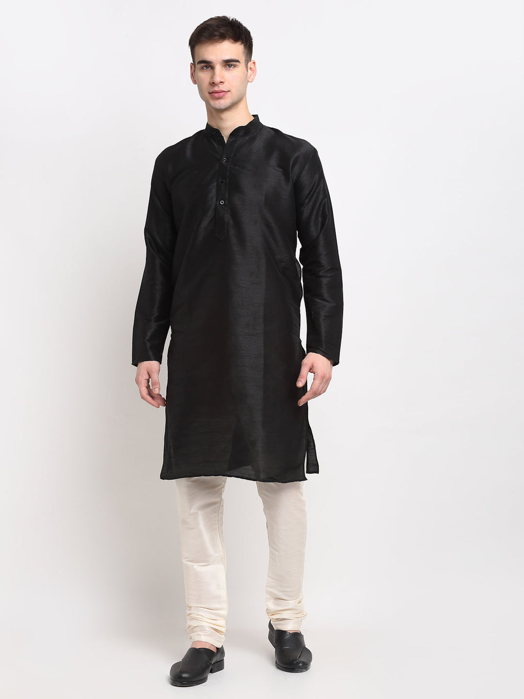 Jompers Men's Black Solid Dupion Silk Kurta Payjama Set | Grocsy