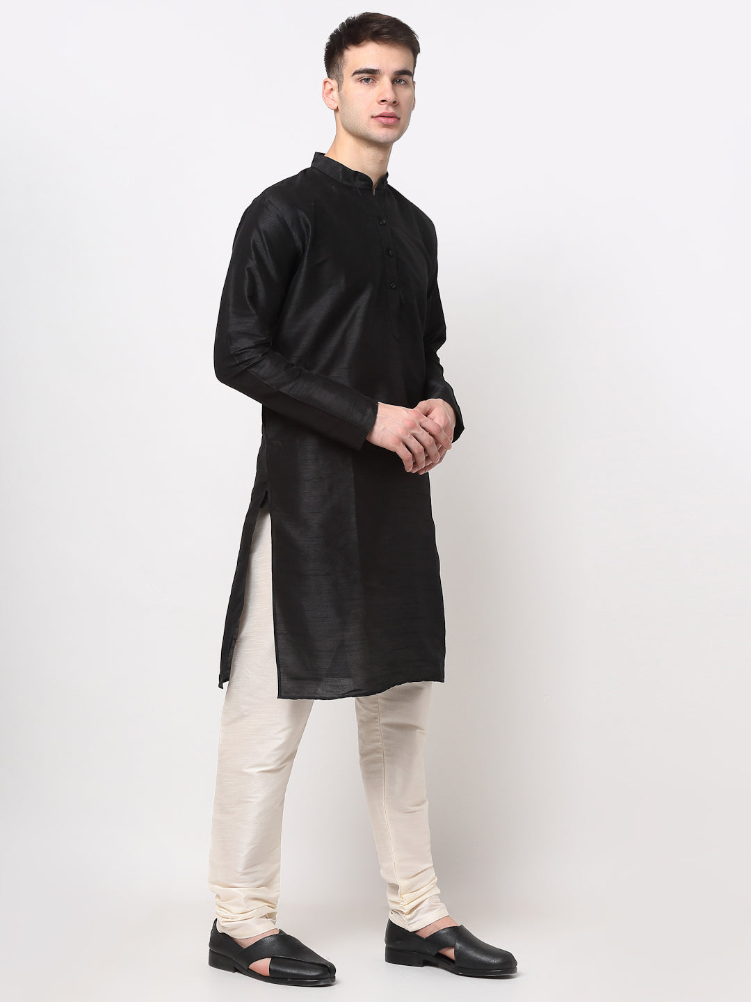 Jompers Men's Black Solid Dupion Silk Kurta Payjama Set | Grocsy