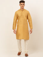 Jompers Men's Solid Dupion Silk Kurta Payjama Set - Dark-Golden | Grocsy